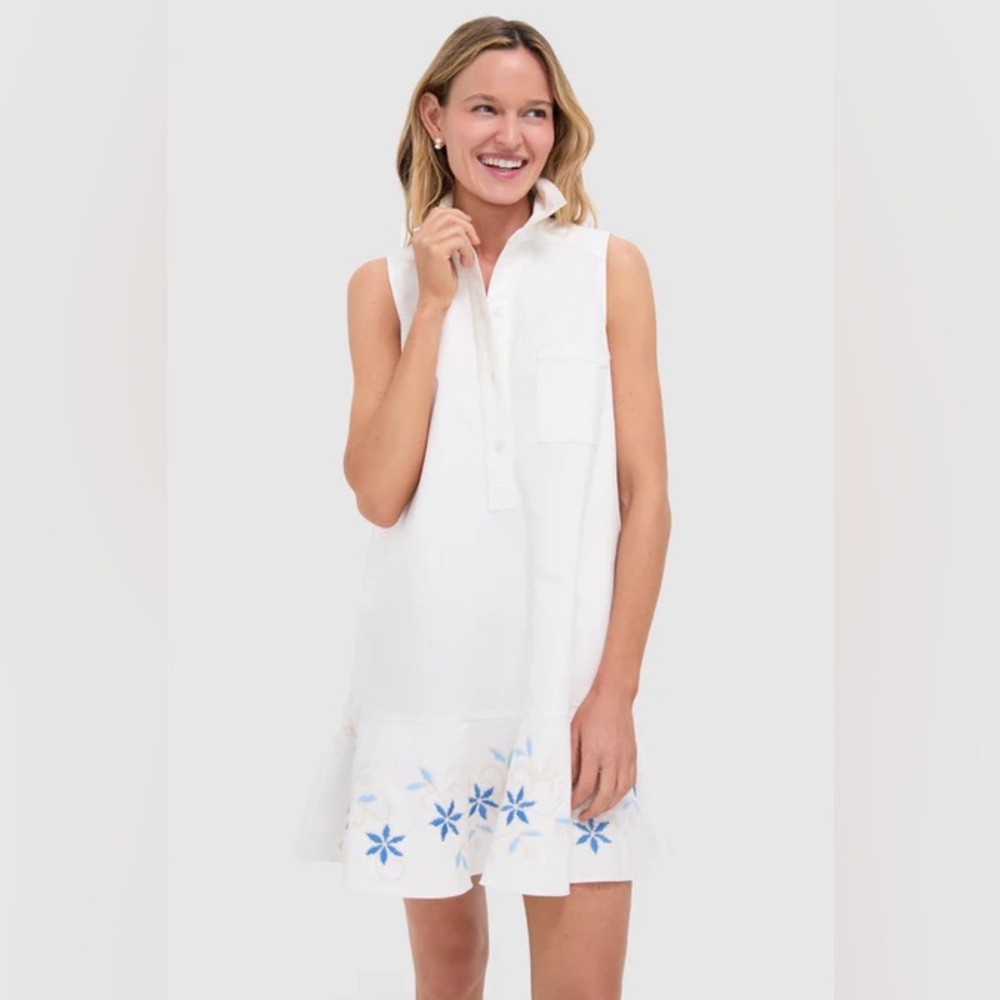 Tuckernuck Callahan White Sleeveless Dress with Blue Floral Embroidery